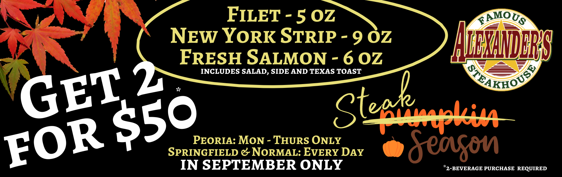 Advertisement for September Special at Alexander's Steakhouse